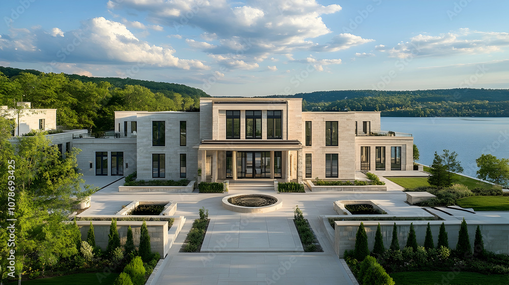 Fototapeta premium Modern Lake Austin waterfront estate with infinity pool and boat dock, contemporary Texas hill country retreat