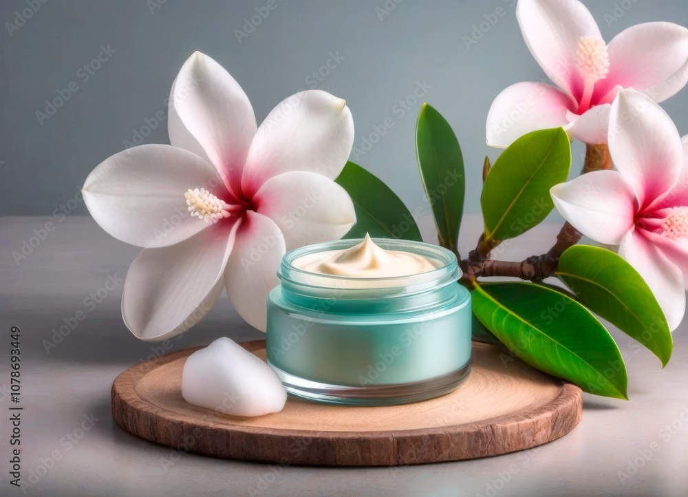 jar of face cream on a wooden stand with a white blooming magnolia on a light background, skin care cosmetics jar of face cream on a wooden stand with a white blooming magnolia on a light background, skin care cosmetics
