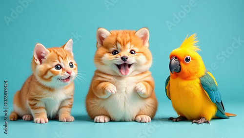 Group of animals. Advertising poster design for pet shop. Fat puppy, fat kitten, fat parrot on blue background. Banner design. 