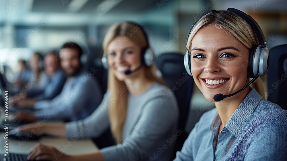 Group of customer service staff smiling together in an open-plan office, showcasing a friendly and supportive team environment with side empty space for text Stockphoto style Group of customer service staff smiling together in an open-plan office, showcasing a friendly and supportive team environment with side empty space for text Stockphoto style