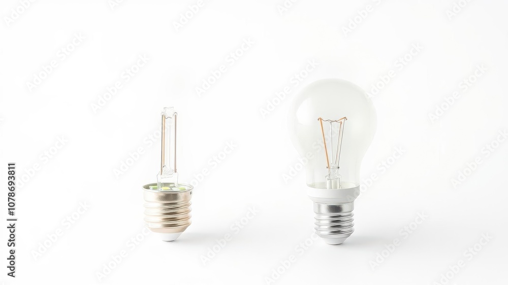 A close-up shot of a regular incandescent lightbulb and an energy-saving LED lightbulb with reflections, isolated on a white background, conservation, bright, technology A close-up shot of a regular incandescent lightbulb and an energy-saving LED lightbulb with reflections, isolated on a white background, conservation, bright, technology