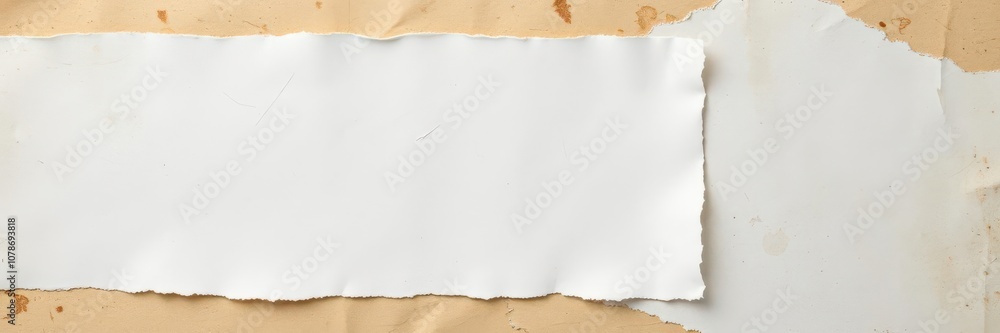 Obraz premium A close-up shot of a torn white paper background with visible text remnants, creating a grungy aesthetic, distressed, communication, torn