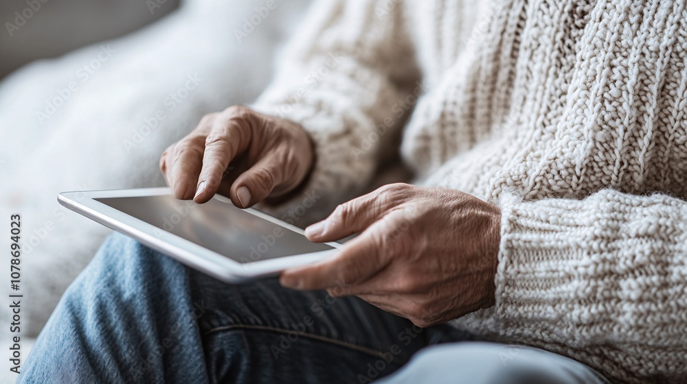 Employee using a tablet to solve a customer issue in a comfortable lounge setting, representing accessible and friendly customer support with side empty space for text Stockphoto style Employee using a tablet to solve a customer issue in a comfortable lounge setting, representing accessible and friendly customer support with side empty space for text Stockphoto style