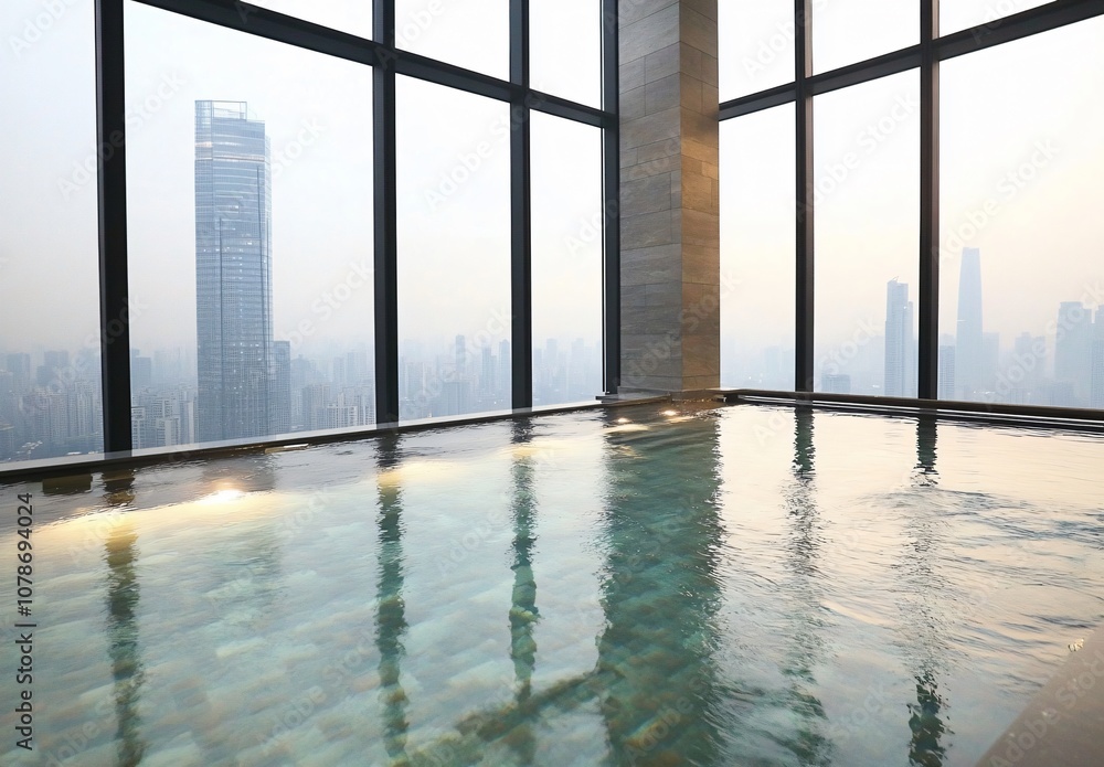 Fototapeta premium Skyline City View Indoor Pool with Reflections