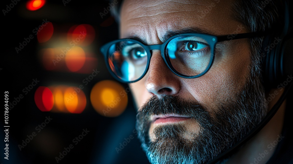 Customer support agent on a call with a client, displaying attentiveness and reliability in a professional call center with side empty space for text Stockphoto style Customer support agent on a call with a client, displaying attentiveness and reliability in a professional call center with side empty space for text Stockphoto style