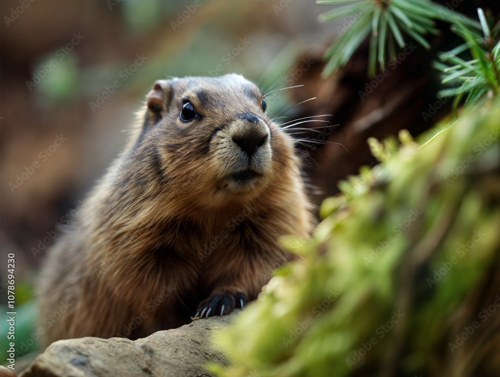 Fototapeta premium A close-up photo of a curious marmot peeking out from its natural habitat, surrounded by foliage. This wildlife image is perfect for nature, wildlife, or animal photography themes
