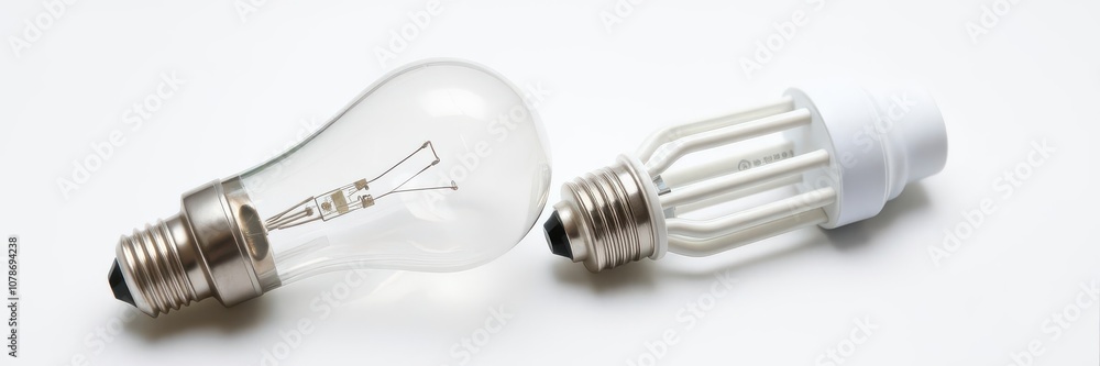 An image of a normal lightbulb and an energy saver lightbulb with reflection isolated on a white background, electricity, eco-friendly, lightbulb An image of a normal lightbulb and an energy saver lightbulb with reflection isolated on a white background, electricity, eco-friendly, lightbulb