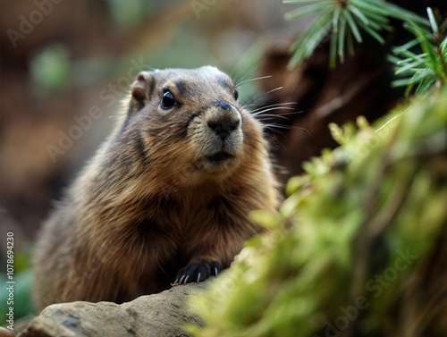 A close-up photo of a curious marmot peeking out from its natural habitat, surrounded by foliage. This wildlife image is perfect for nature, wildlife, or animal photography themes photo