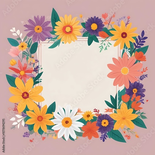 Colorful Floral Frame with Blank White Square