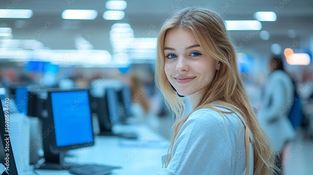 Service agent answering a call at a reception desk with a welcoming smile, conveying a warm first impression with side empty space for text Stockphoto style Service agent answering a call at a reception desk with a welcoming smile, conveying a warm first impression with side empty space for text Stockphoto style