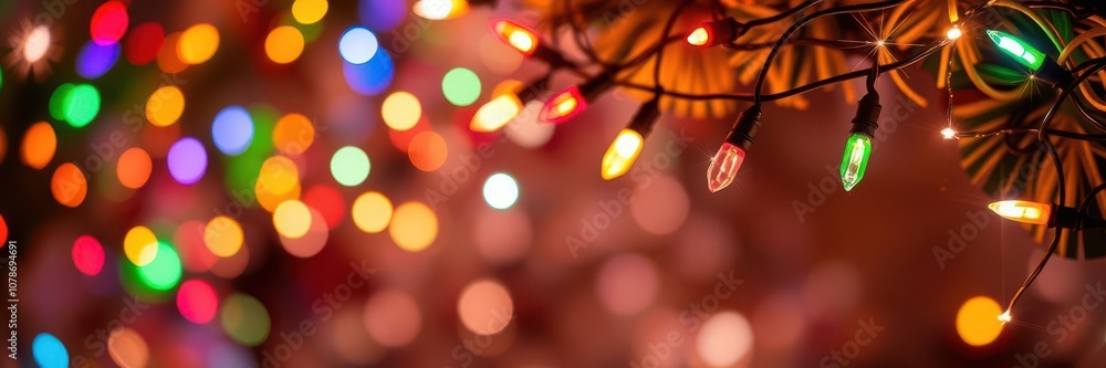 Glowing string of vibrant Christmas lights hanging against a dark background, shiny, illuminated, festive Glowing string of vibrant Christmas lights hanging against a dark background, shiny, illuminated, festive