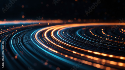 Abstract image depicting glowing orange and blue light trails in a circular pattern on a dark background, representing futuristic technology and motion.