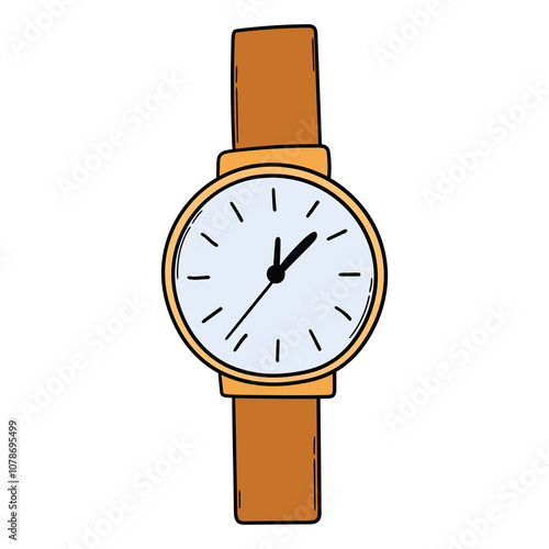 Hand drawn cartoon classic wristwatch on white background.