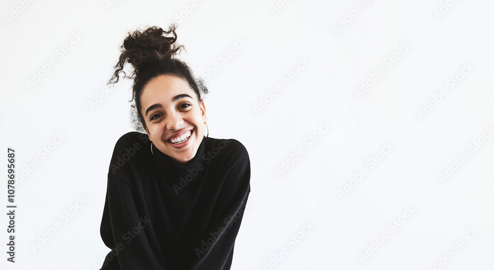 A portrait of a young, happy woman looking directly at the camera, set against a white background, perfect for portrait photography, lifestyle, or personal branding projects A portrait of a young, happy woman looking directly at the camera, set against a white background, perfect for portrait photography, lifestyle, or personal branding projects