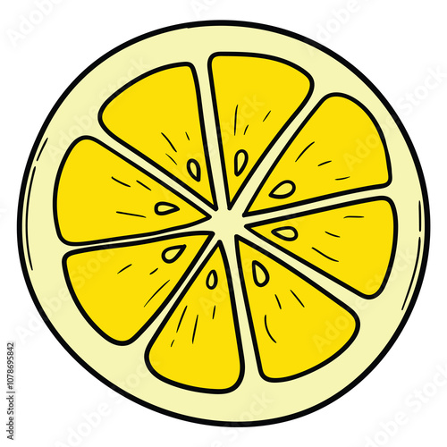 Hand drawn cartoon lemon slice on white background.