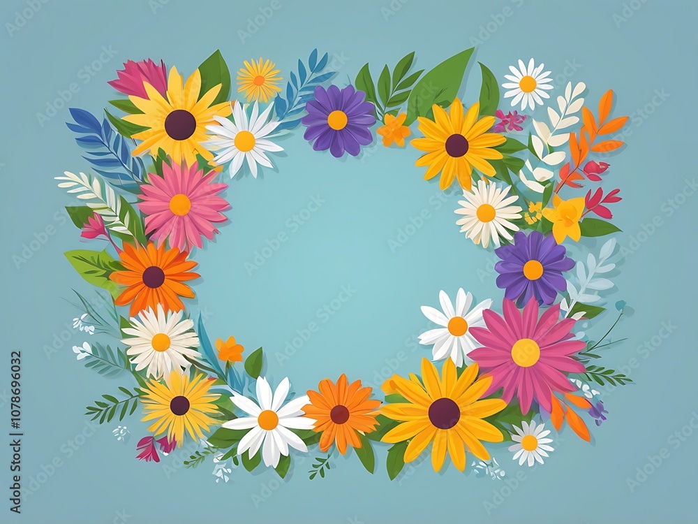 Colorful Flower Wreath with Blue Background Colorful Flower Wreath with Blue Background