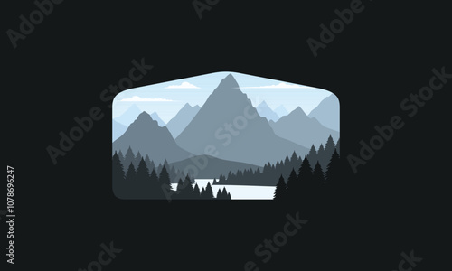 Landscape badge flat vector design illustration of mountains, calm river and silhouettes of pine trees, soft blue gradations layered