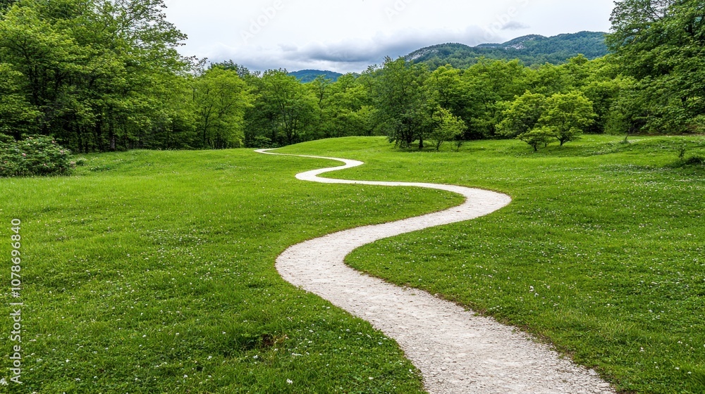 A winding path through a green landscape with trees and mountains in the background. A winding path through a green landscape with trees and mountains in the background.