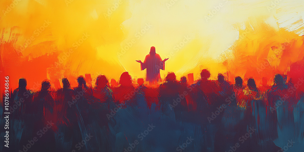 Fototapeta premium Inspirational Religious Art of Jesus Christ Preaching to a Crowd