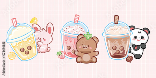 Bubble tea cup design collection. Pearl milk tea , Boba milk tea, Yummy drinks, coffees with doodle style