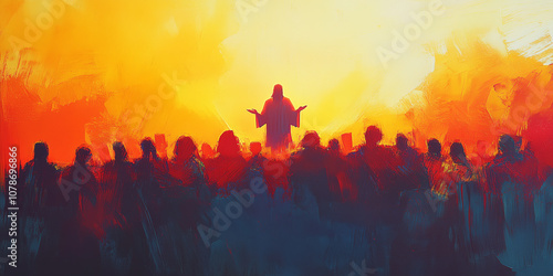 Inspirational Religious Art of Jesus Christ Preaching to a Crowd