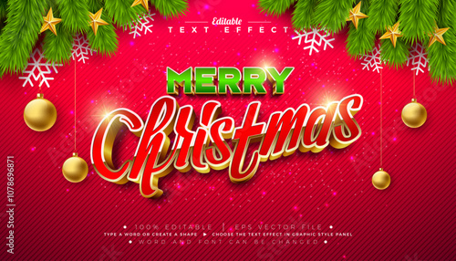 Merry Christmas 3D Text Effect Design. Editable and Scalable Vector Graphic Style Effect with Gold Framed Typography Lettering and Ornaments on Red Background. Winter Holiday Illustration Template for