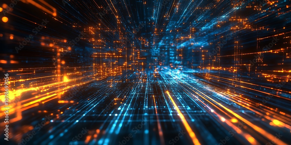 Obraz premium Digital light lines weaving through dark