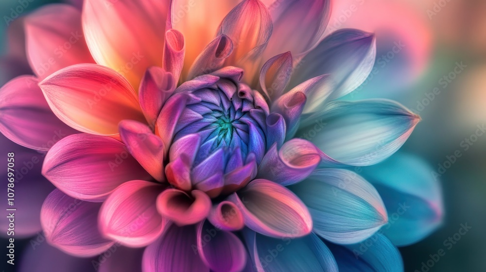 Obraz premium A vibrant, multicolored flower showcasing intricate petals and a mesmerizing spiral center.