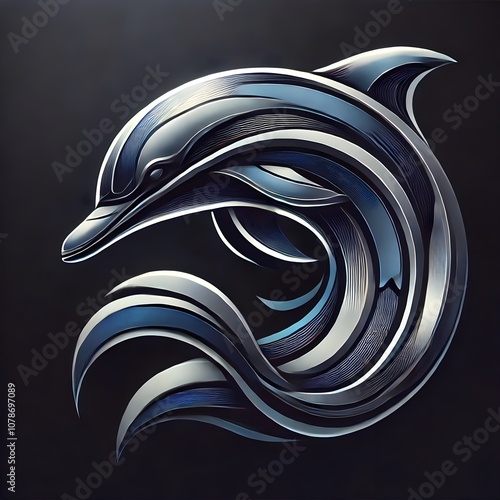 Loogo with futuristic metallic dolphin art design featuring sleek curves and intricate details on a dark background