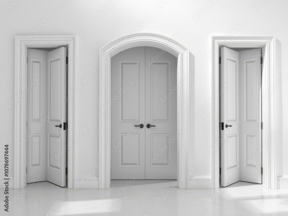 Open and closed white doors with doorframe against a white background, entrance, white, closed Open and closed white doors with doorframe against a white background, entrance, white, closed