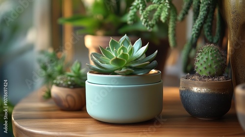 Succulents in Pots on Wooden Table