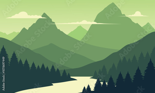 Vector green mountain landscape with clean sky, calm river and pine trees silhouettes