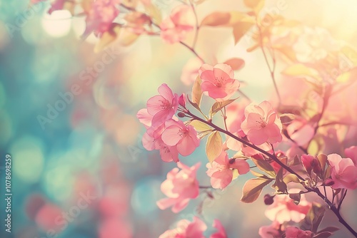 Cherry blossoms in full bloom, creating a vibrant display of pinks against a backdrop of blurred greenery.