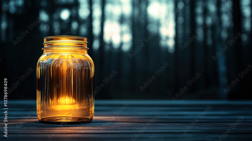 Glass jar with a glowing light inside on a wooden surface, with a blurred forest background providing a serene and mystical atmosphere. Glass jar with a glowing light inside on a wooden surface, with a blurred forest background providing a serene and mystical atmosphere.
