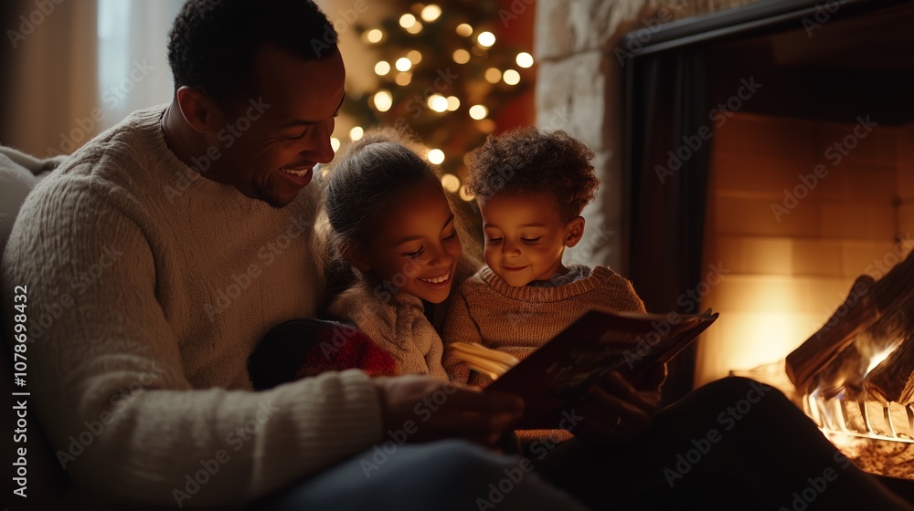 A father reads a book to his children by a fireplace A father reads a book to his children by a fireplace