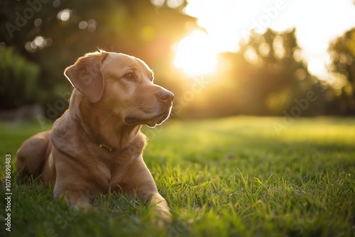 A golden retriever relaxes on a green grass field, basking in the warm sun with the sky full of light and beauty. photo