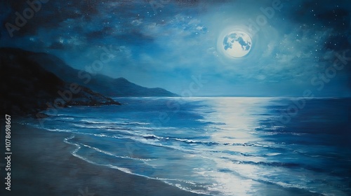 A romantic seascape with a full moon casting a silver path over calm waters at night. The scene evokes a sense of peace, mystery, and beauty.