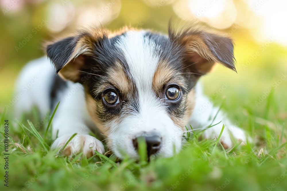A cute puppy with curious eyes lies on lush green grass, exploring its vibrant environment with innocence. A cute puppy with curious eyes lies on lush green grass, exploring its vibrant environment with innocence.