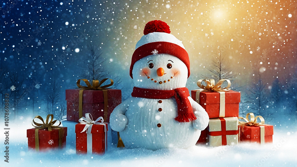 Christmas design background with beautiful christmas tree snowman snowflakes giftboxes and snow falling in winter holidays
Christmas design background with beautiful christmas tree snowman snowflakes giftboxes and snow falling in winter holidays
