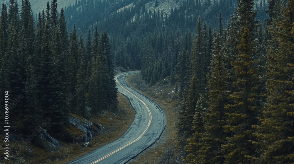 A winding paved road through a dense forest on a cloudy day. A winding paved road through a dense forest on a cloudy day.