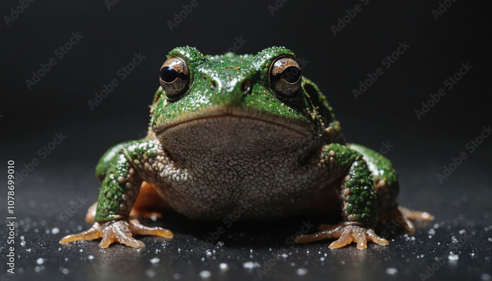 Obraz premium A green frog sits on a dark surface, staring intensely at the camera