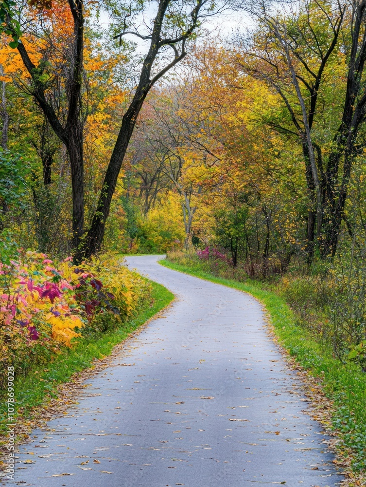 Fototapeta premium A winding path through a colorful autumn forest with vibrant foliage.