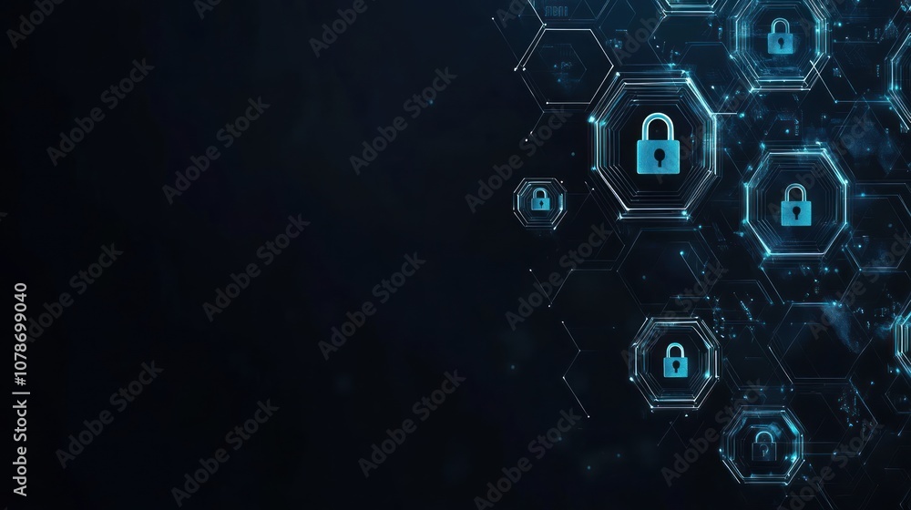 Abstract digital background with hexagon shapes and padlock icons for security and data protection.
