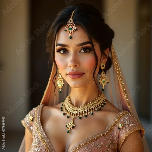 Indian bride in luxurious bridal costume with makeup and heavy jewellery sitting in a chair with classic vintage interior in studio lighting photo