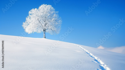 A lone tree stands in the snow on a hill. The sky is blue and clear, and the snow is white. Concept of solitude and peacefulness, as the tree stands alone in the vast, open landscape