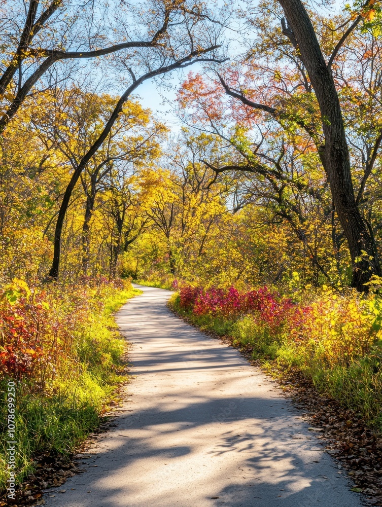Fototapeta premium A serene pathway through a colorful autumn forest, inviting exploration and tranquility.