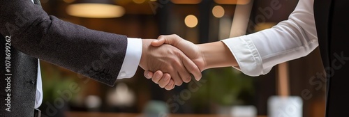 Two people engage in a handshake inside a warmly lit office, symbolizing collaboration and partnership. photo