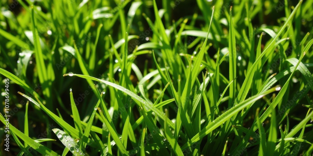Vibrant fresh spring green grass background with dew drops, environment, foliage, vibrant Vibrant fresh spring green grass background with dew drops, environment, foliage, vibrant