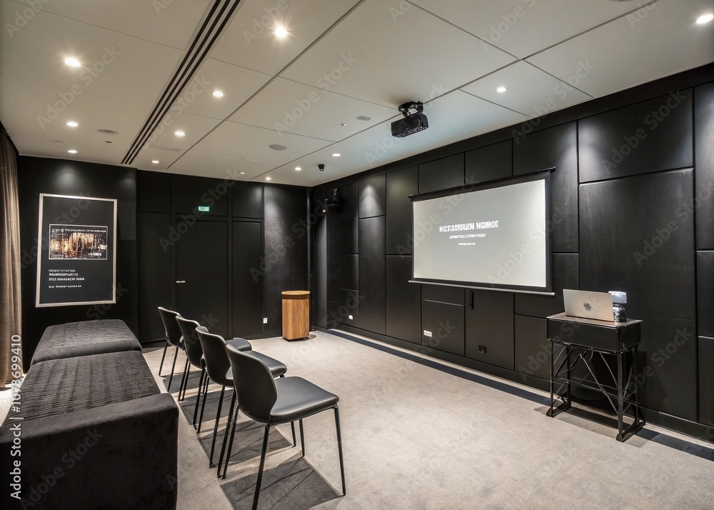 A Sleek and Sophisticated Black Box Room Designed for Modern Presentations with a Focus on Minimalism and Professionalism, Ideal for Business Meetings and Events A Sleek and Sophisticated Black Box Room Designed for Modern Presentations with a Focus on Minimalism and Professionalism, Ideal for Business Meetings and Events