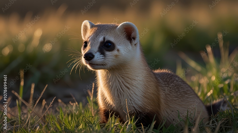 Fototapeta premium A black-footed ferret sits in a field of tall grass, its fur illuminated by the setting sun.